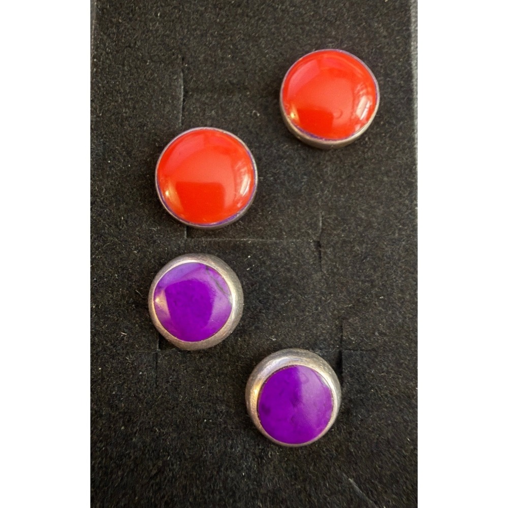 Sterling Silver Earrings Mexico Stud Red Purple 925 Round Stone